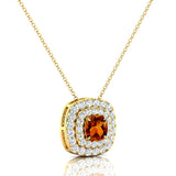 Double Halo Diamond Cushion Cut Citrine Necklace