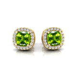 Cushion Cut Peridot Halo Diamond Stud Earrings