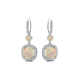 Halo Diamond Cushion Cut Opal Dangle Earrings