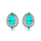 Double Halo Cluster Diamonds Teardrop Paraiba Tourmaline Stud Earrings