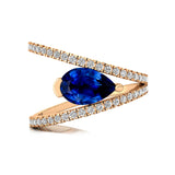 Fashionable V Shaped Diamond Ring with Pear Cut Blue Sapphire