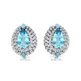 Double Halo Cluster Diamonds Teardrop Aquamarine Stud Earrings