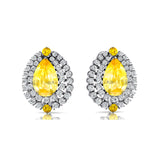 Double Halo Cluster Diamonds Teardrop Yellow Sapphire Stud Earrings