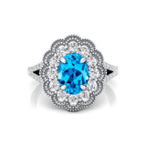 Flower Inspired Cluster Diamond Oval Swiss Blue Topaz Engagement Ring