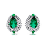 Double Halo Cluster Diamonds Teardrop Emerald Stud Earrings