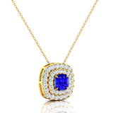 Double Halo Diamond Cushion Cut Tanzanite Necklace