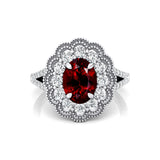 Flower Inspired Cluster Diamond Oval Garnet Engagement Ring