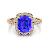 Elongated Cushion Halo Set Tanzanite Engagement Ring with Diamond Band