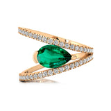 Fashionable V Shaped Diamond Ring with Pear Cut Emerald