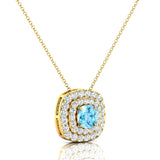 Double Halo Diamond Cushion Cut Aquamarine Necklace