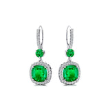 Halo Diamond Cushion Cut Emerald Dangle Earrings