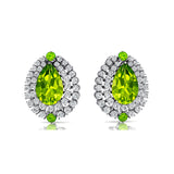 Double Halo Cluster Diamonds Teardrop Peridot Stud Earrings