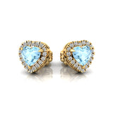 Heart Shaped Aquamarine Halo Diamond Stud Earrings