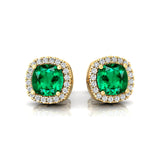 Cushion Cut Emerald Halo Diamond Stud Earrings