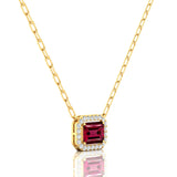 Emerald Cut Garnet Halo Set Diamond Necklace