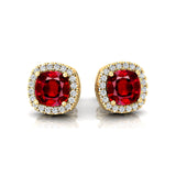 Cushion Cut Ruby Halo Diamond Stud Earrings