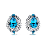 Double Halo Cluster Diamonds Teardrop Swiss Blue Topaz Stud Earrings