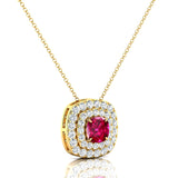 Double Halo Diamond Cushion Cut Pink Sapphire Necklace