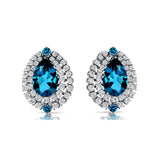 Double Halo Cluster Diamonds Teardrop London Blue Topaz Stud Earrings