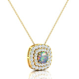 Double Halo Diamond Cushion Cut Opal Necklace