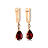 Lever Back Diamond Drop Earrings with Pear Cut Garnet