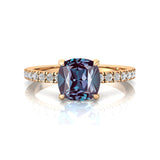 Alexandrite Square Cushion Under Halo Diamonds Thin Ring with Diamond Band