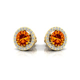 Round Solitaire Citrine Halo Diamond Stud Earrings