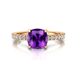 Amethyst Square Cushion Under Halo Diamonds Thin Ring with Diamond Band