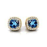 Cushion Cut London Blue Topaz Halo Diamond Stud Earrings