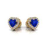 Heart Shaped Blue Sapphire Halo Diamond Stud Earrings