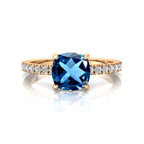 London Blue Topaz Square Cushion Under Halo Diamonds Thin Ring with Diamond Band