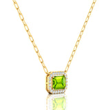 Emerald Cut Peridot Halo Set Diamond Necklace