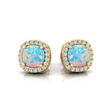 Cushion Cut Opal Halo Diamond Stud Earrings