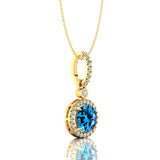 Classic Solitaire Round London Blue Topaz Halo Diamond Dangle Pendant