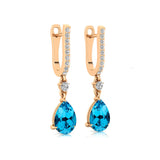 Lever Back Diamond Drop Earrings with Pear Cut Swiss Blue Topaz