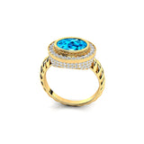 Vintage Style Elongated Oval Swiss Blue Topaz Halo Diamond Twisted Ring