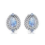 Double Halo Cluster Diamonds Teardrop Moonstone Stud Earrings