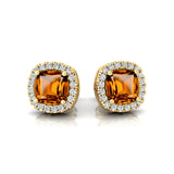 Cushion Cut Citrine Halo Diamond Stud Earrings