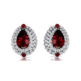 Double Halo Cluster Diamonds Teardrop Garnet Stud Earrings