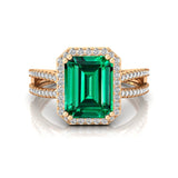 Halo Set Emerald Shaped Emerald Split Shank Ring with Accent Diamonds