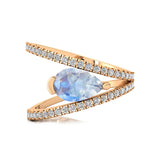 Fashionable V Shaped Diamond Ring with Pear Cut Moonstone