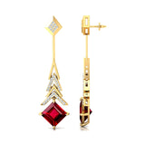 Inverted Princess Cut Ruby Drop Earrings with Diamonds