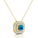 Double Halo Diamond Cushion Cut Swiss Blue Topaz Necklace