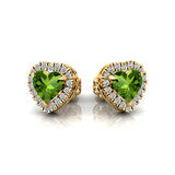 Heart Shaped Peridot Halo Diamond Stud Earrings