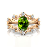 Flower Inspired Ring with Oval Shaped Peridot and Accent Diamonds