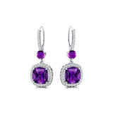 Halo Diamond Cushion Cut Amethyst Dangle Earrings