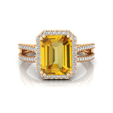 Halo Set Emerald Shaped Yellow Sapphire Split Shank Ring with Accent Diamonds