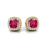 Cushion Cut Pink Sapphire Halo Diamond Stud Earrings