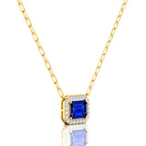 Emerald Cut Blue Sapphire Halo Set Diamond Necklace