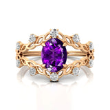 Flower Inspired Ring with Oval Shaped Amethyst and Accent Diamonds